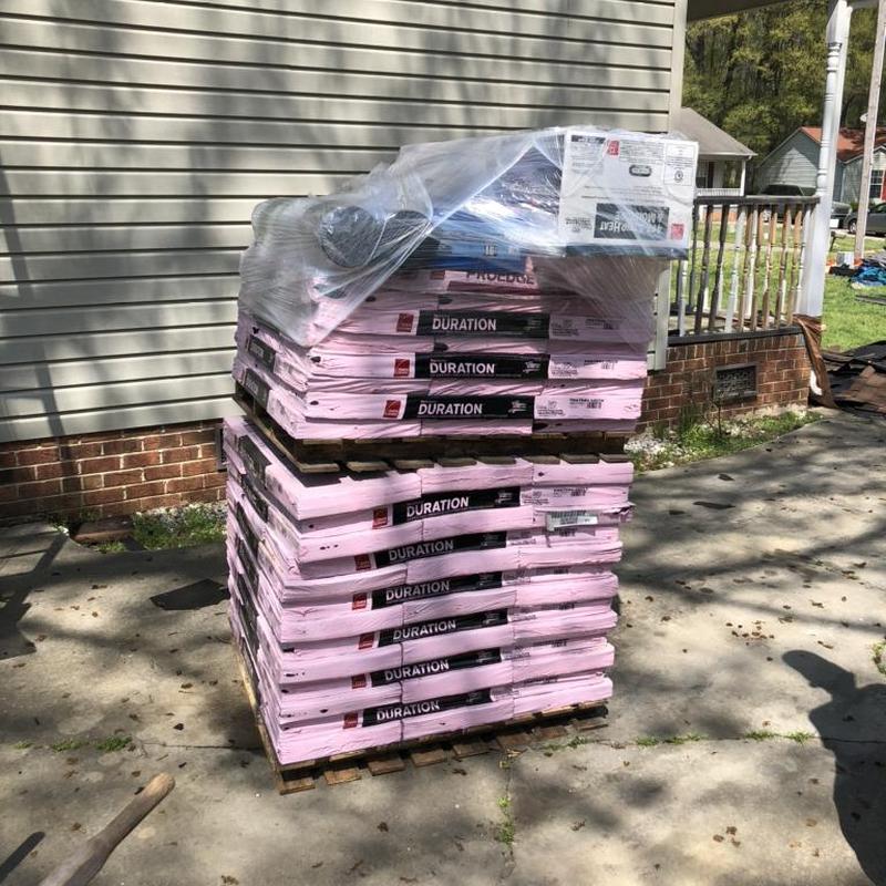 Owens Corning Duration roof shingles stacked on pallet