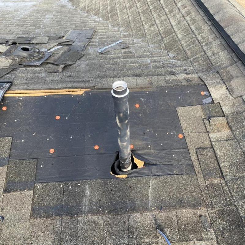 Roof vent pipe flashing with new underlayment installed