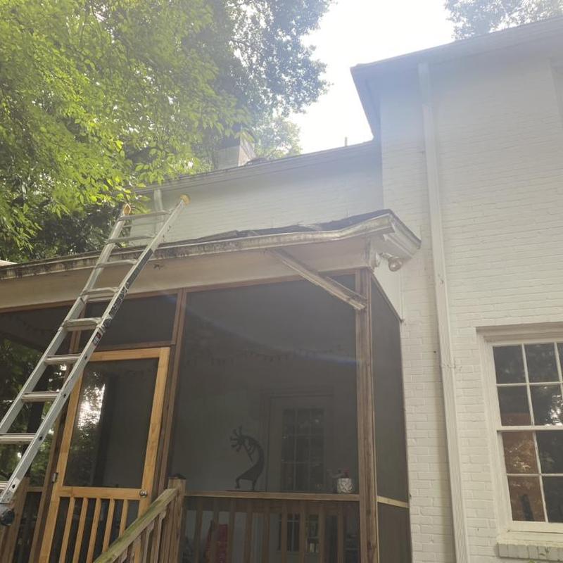 Porch screen frame with ladder and fascia repair