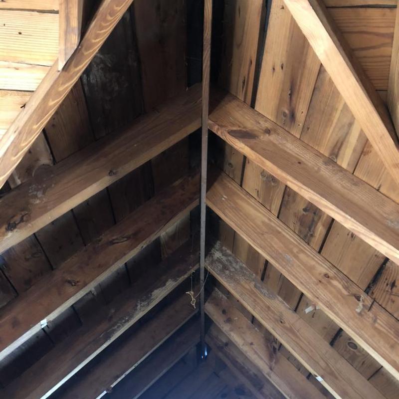 Wooden roof trusses and rafters in attic space