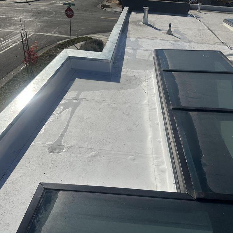 Flat roof membrane inspection with skylight detail Flat roof membrane inspection with skylight detail