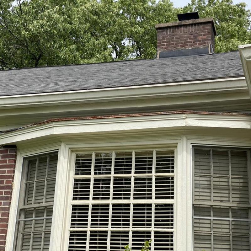 Roof shingles and gutters with rusted metal flashing