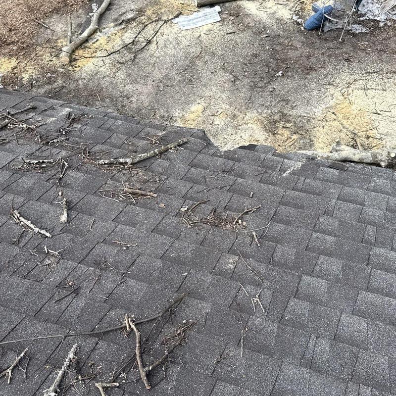 Hail-damaged roof shingles with debris on surface