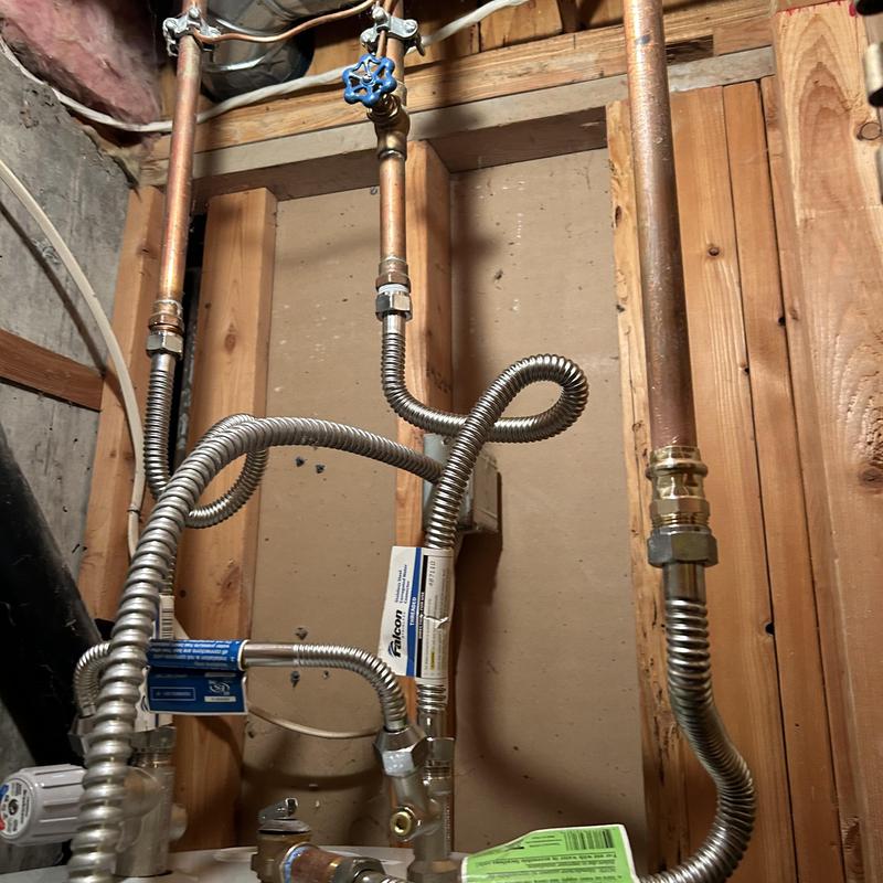 Water heater supply lines with shutoff valve installed Water heater supply lines with shutoff valve installed