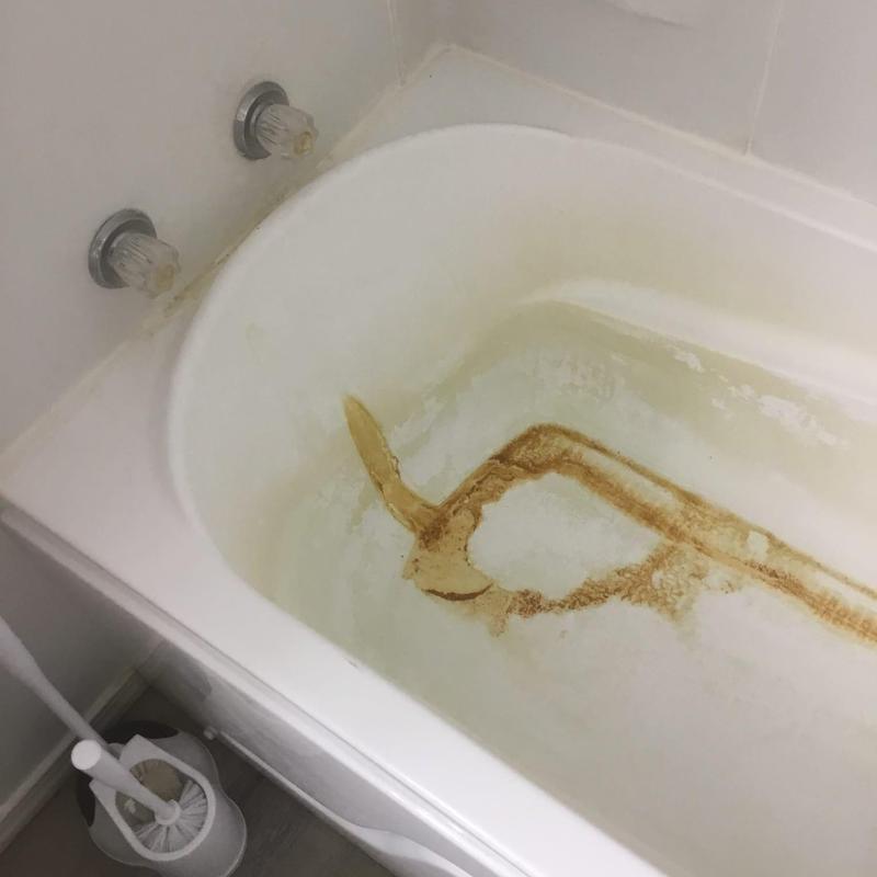 Walk-in tub with stained interior and outdated valve