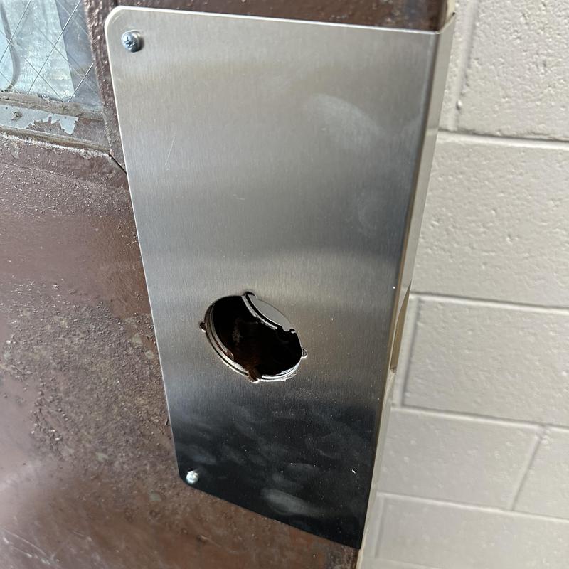 Full mortice lock door wrap plate with hole cutout