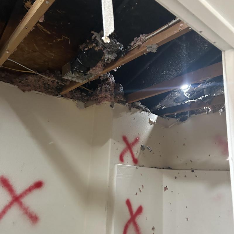 Ceiling framing and burned insulation damage in bathroom Ceiling framing and burned insulation damage in bathroom