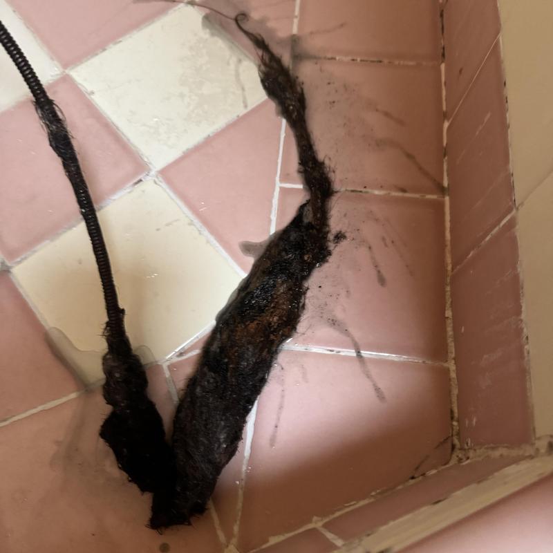 Shower drain clogged hair removal on pink tile floor