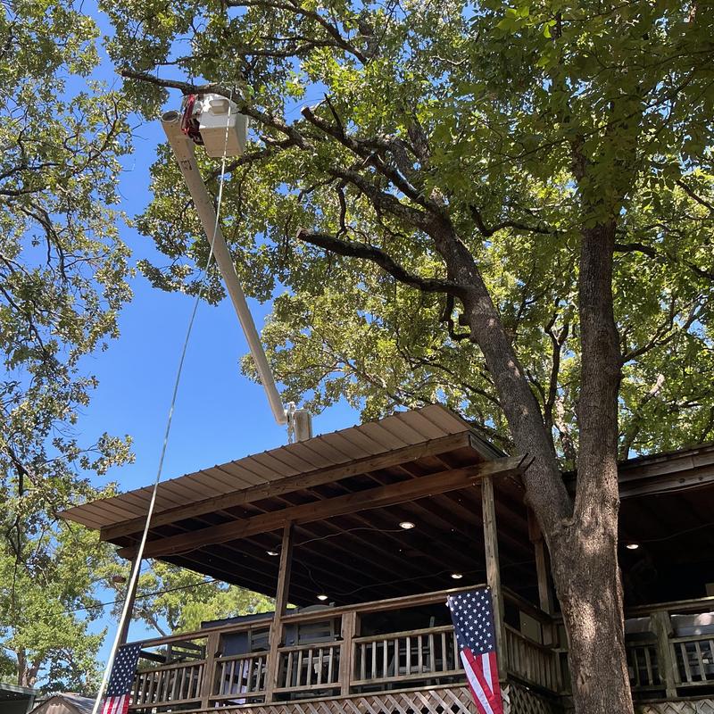 Tree removal using bucket truck over home roof Tree removal using bucket truck over home roof