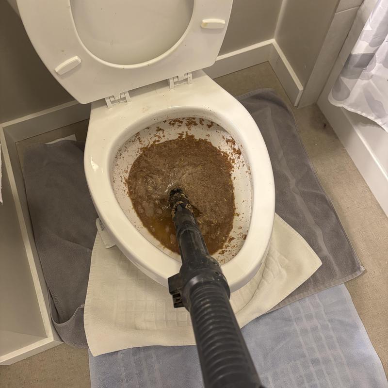Toilet clog removal with auger in guest bathroom Toilet clog removal with auger in guest bathroom