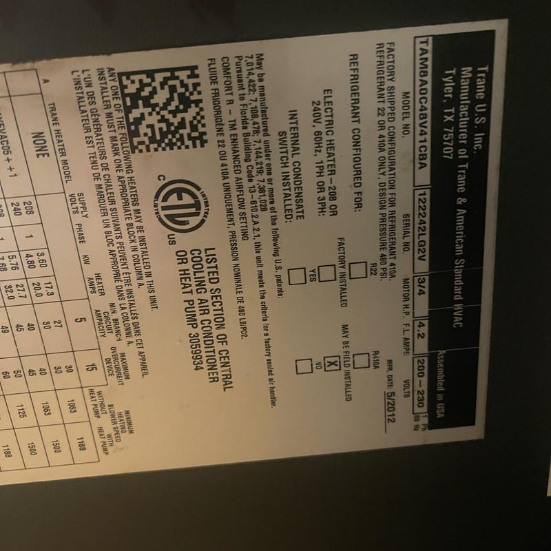 Cooling air conditioner unit specification label