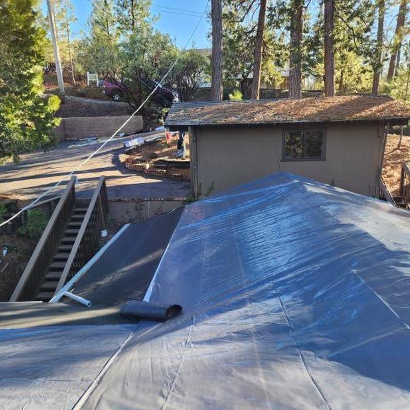 Asphalt roof covered with protective tarp in Groveland