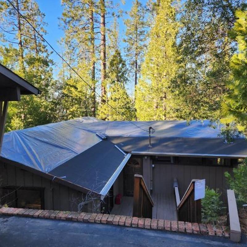 Asphalt shingle roof with protective tarp in forested area