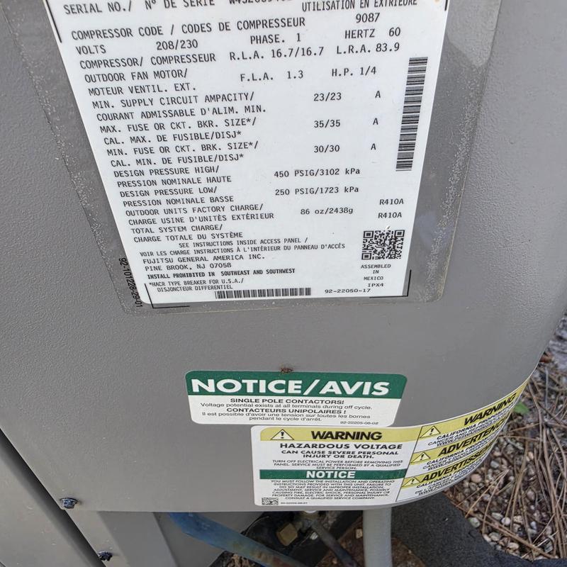 Rheem air conditioner model F03613CSJNAA label close-up