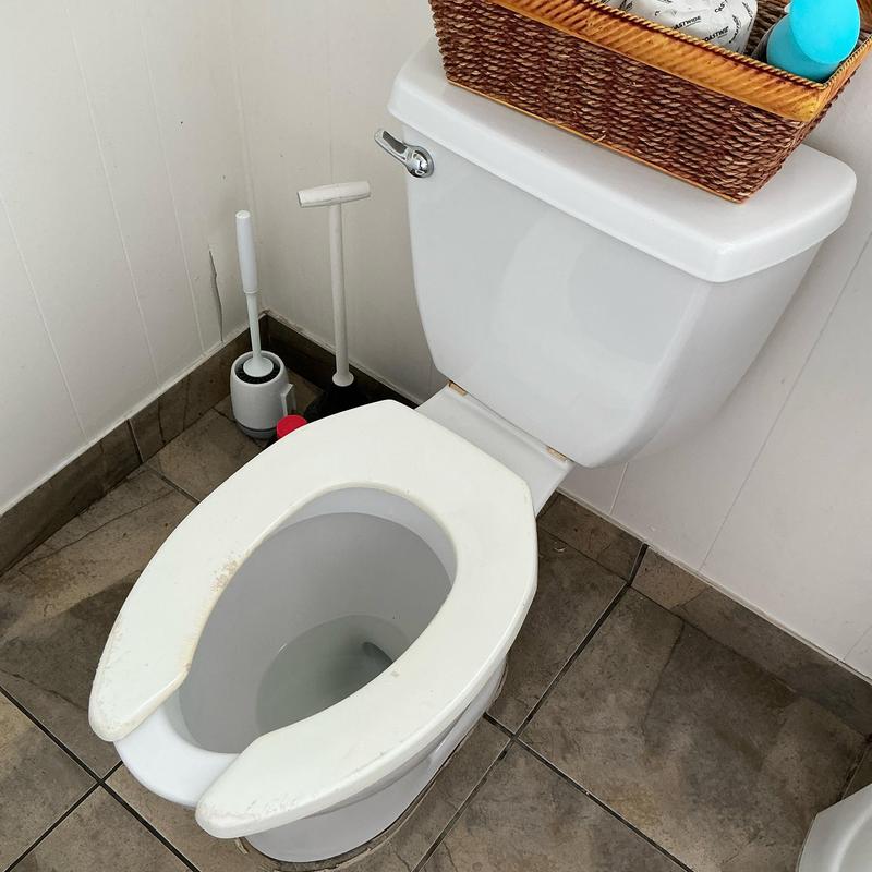Toilet with replaced seat and tank in bathroom corner