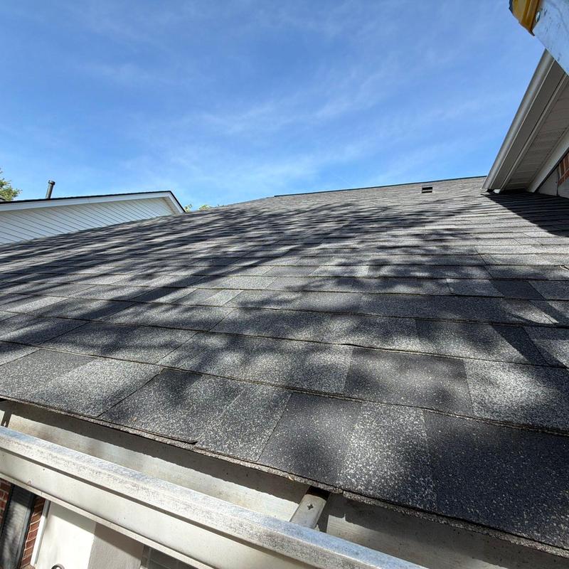 Asphalt shingle roof with visible wear and damage