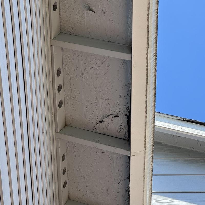 Roof sheathing with visible water damage under eaves