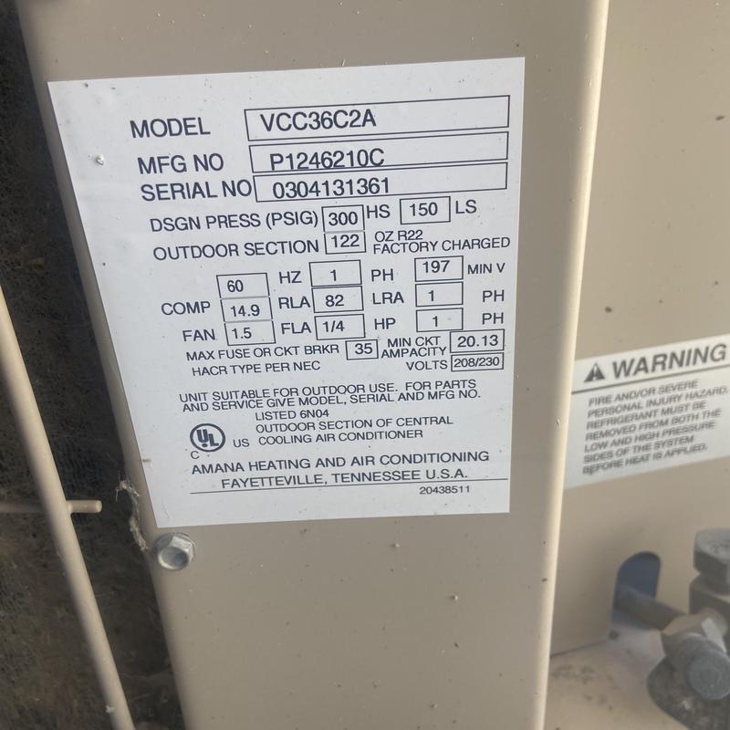 Outdoor air conditioner unit label with specifications Outdoor air conditioner unit label with specifications