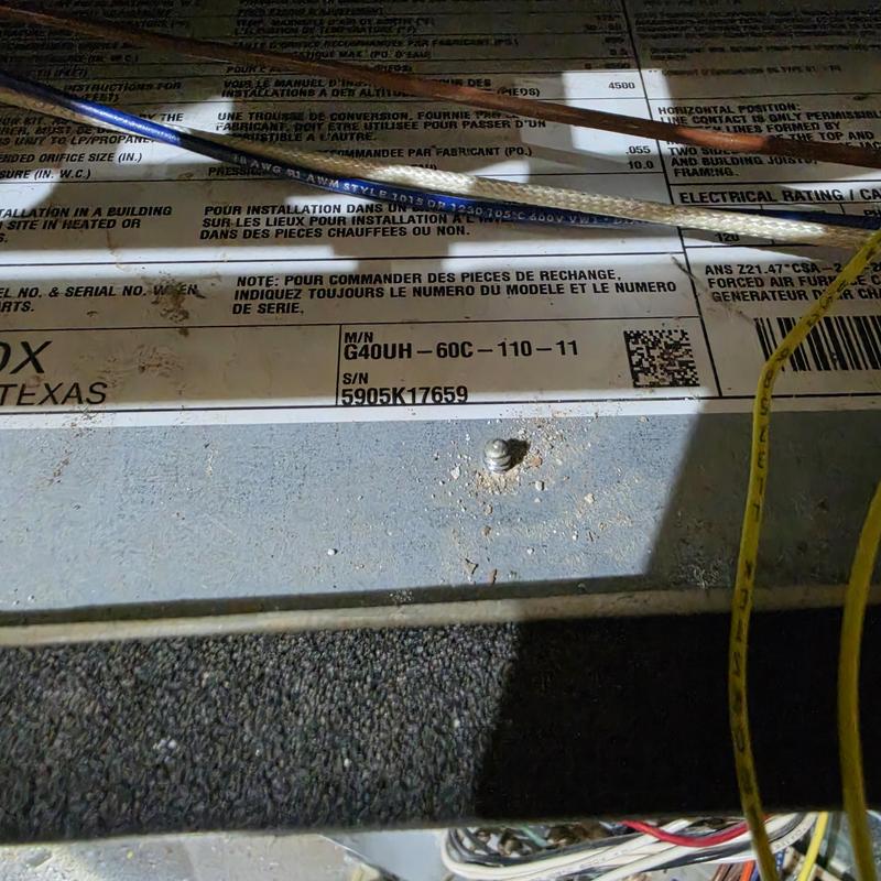 Lennox furnace model G40UH-60C-110-11 label and wires