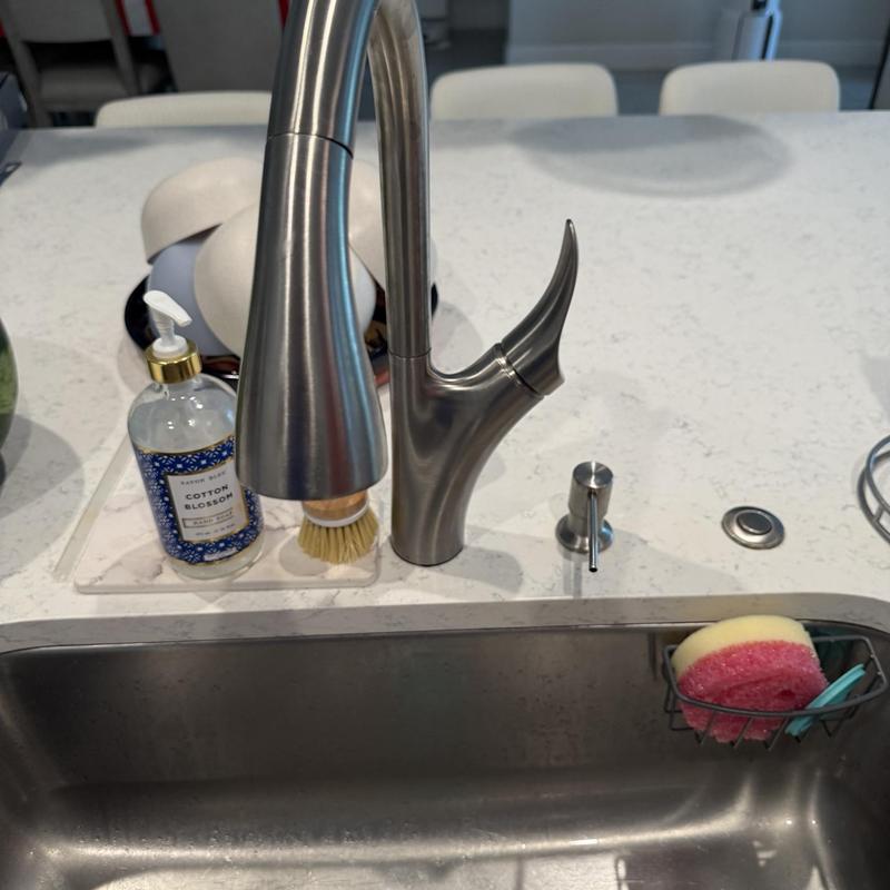 Kitchen sink faucet with soap dispenser and cleaning sponge