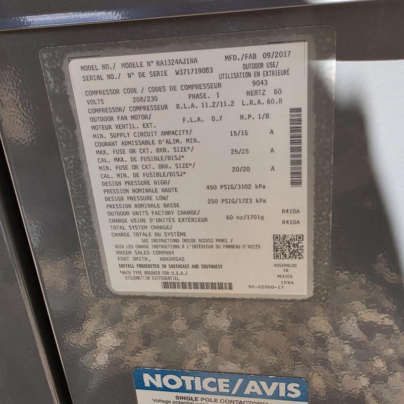 Rheem RA1324AJ1NA air conditioner specification label