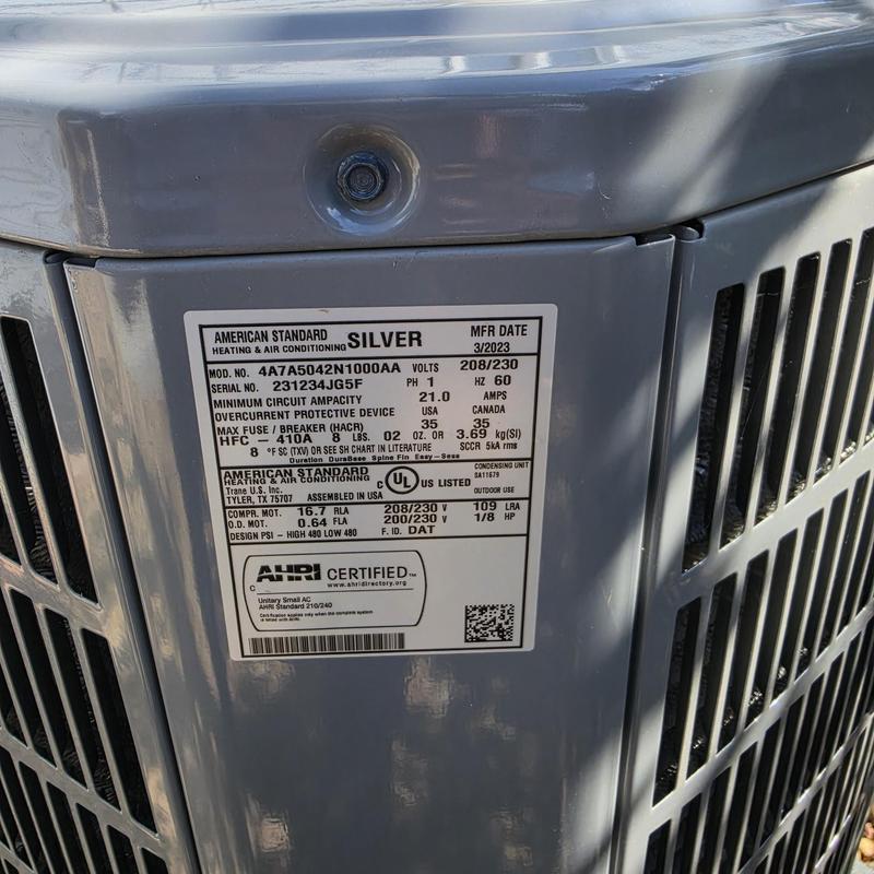American Standard Silver AC unit model label close-up