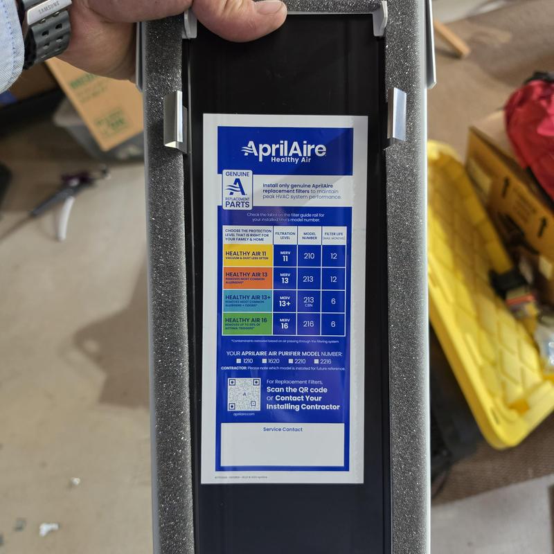 Aprilaire whole home air filter installation label