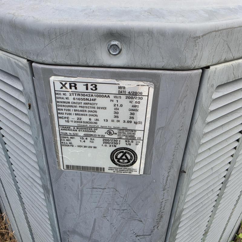 Trane XR13 air conditioner outdoor condenser unit label