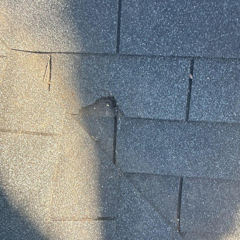 Hail-damaged asphalt shingles on residential roof