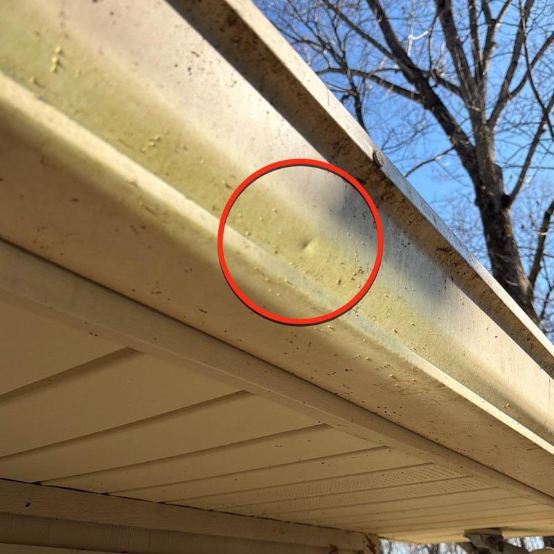 Aluminum gutter with dent damage circled in red