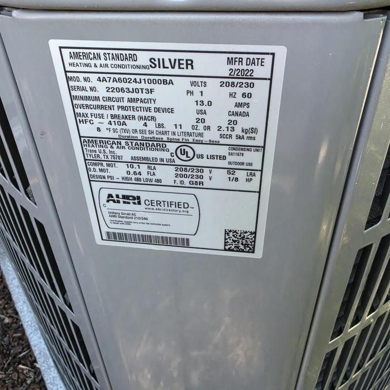 American Standard AC unit label with specs and certification