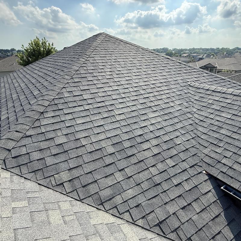 Roof shingles with properly driven nails under bright sky Roof shingles with properly driven nails under bright sky