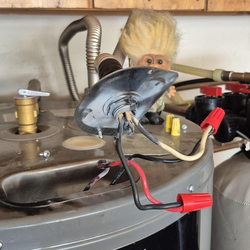 Water heater wiring with red wire connectors and valve
