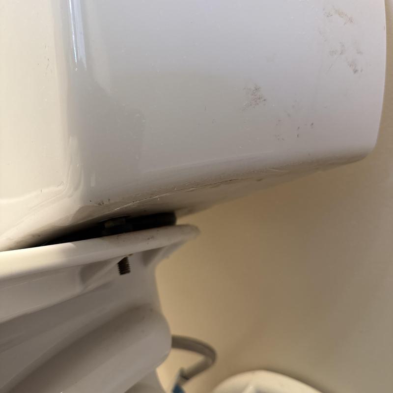 Toilet tank-to-bowl gasket with bolts and leak signs