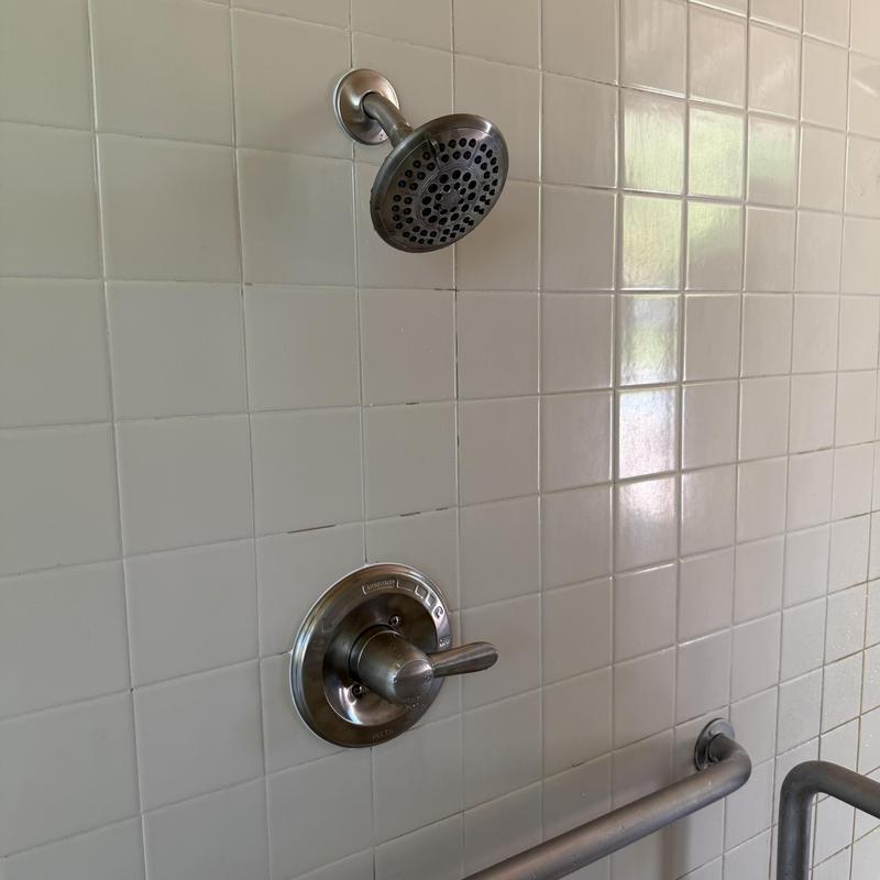 Delta shower valve and showerhead on tiled wall Delta shower valve and showerhead on tiled wall