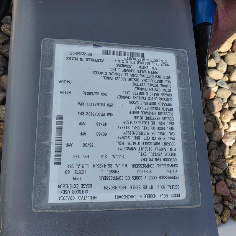 Rheem air conditioner model 14AJM60A01 label close-up