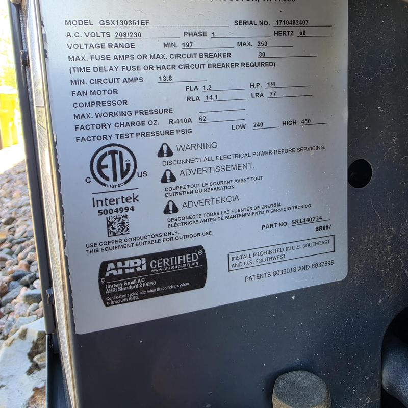 Goodman GSX130361EF AC unit specification label