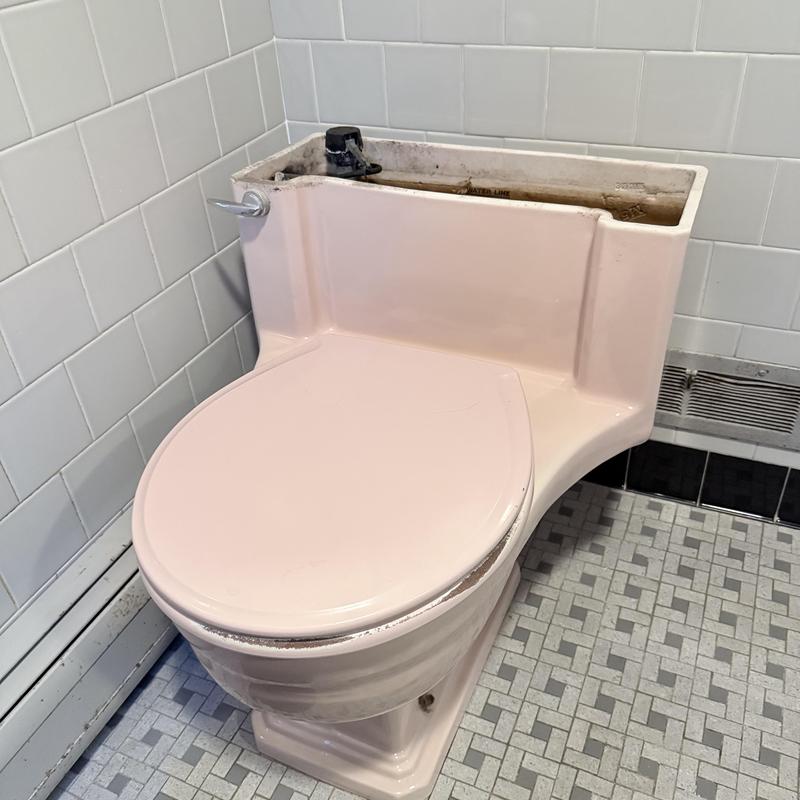 Toilet with removed tank lid and old valve parts