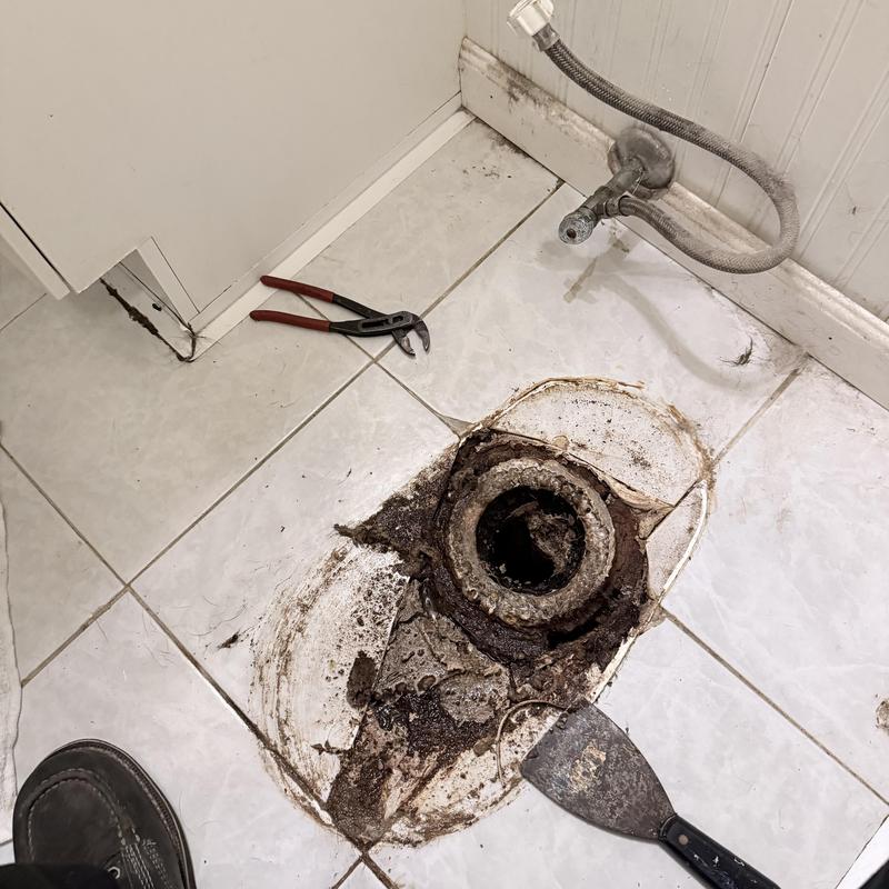 Toilet flange with corrosion and tile damage
