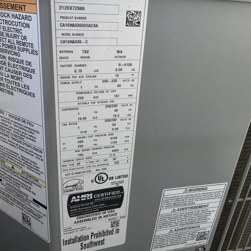 Carrier air conditioner model CA16NA036-C label detail