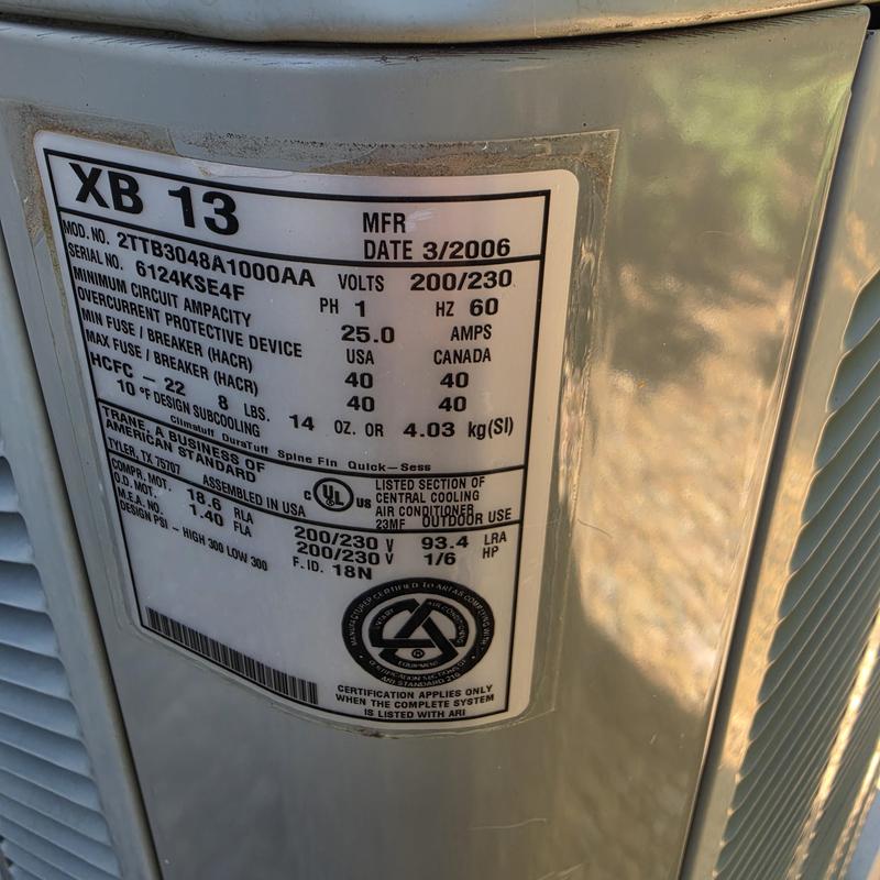 Trane XB13 air conditioner unit label close-up