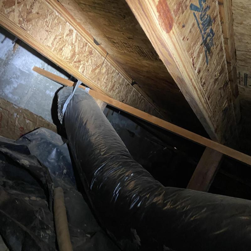 Flexible HVAC ductwork in attic space installation Flexible HVAC ductwork in attic space installation