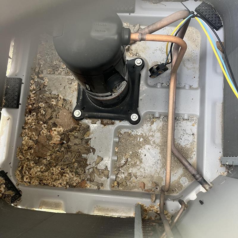 HVAC compressor base with debris and wiring HVAC compressor base with debris and wiring