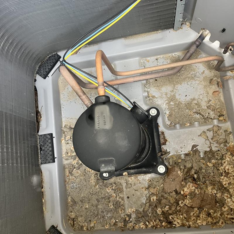 Compressor unit and condenser coil with wiring and debris Compressor unit and condenser coil with wiring and debris