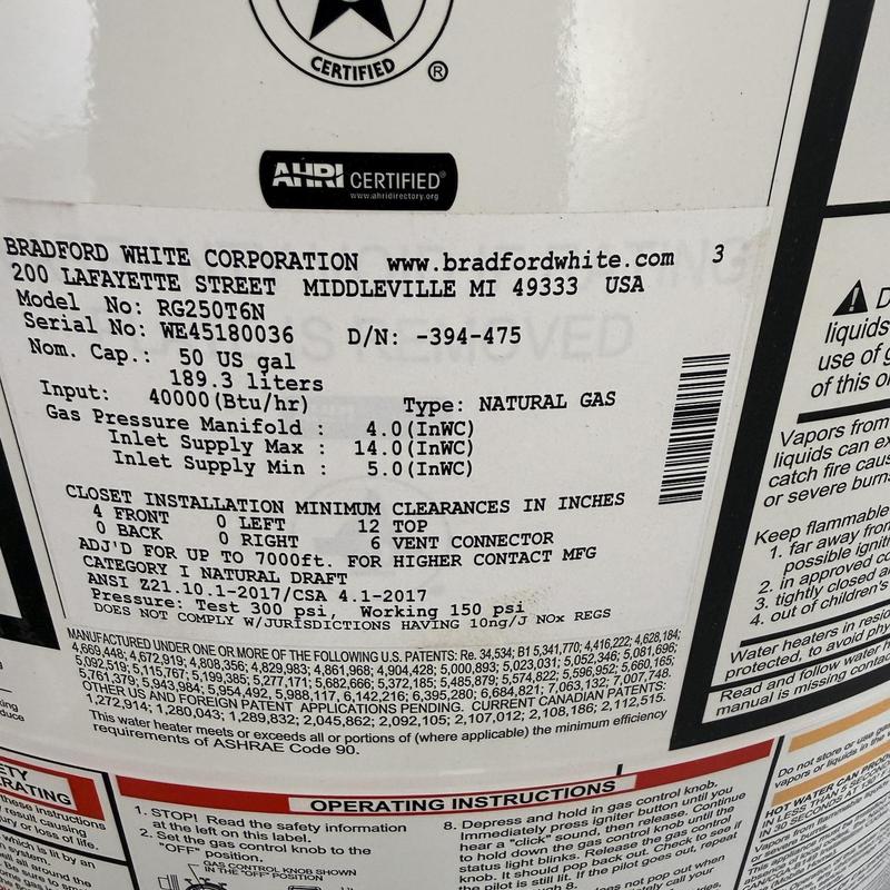 Natural gas water heater label with specifications