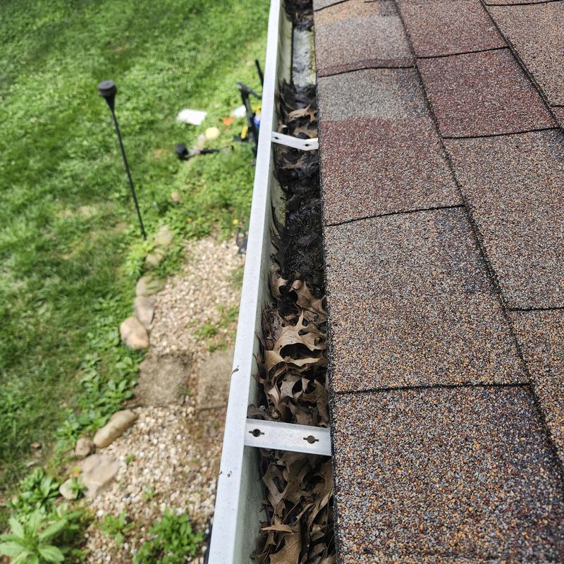 Gutter filled with dried leaves on roof edge