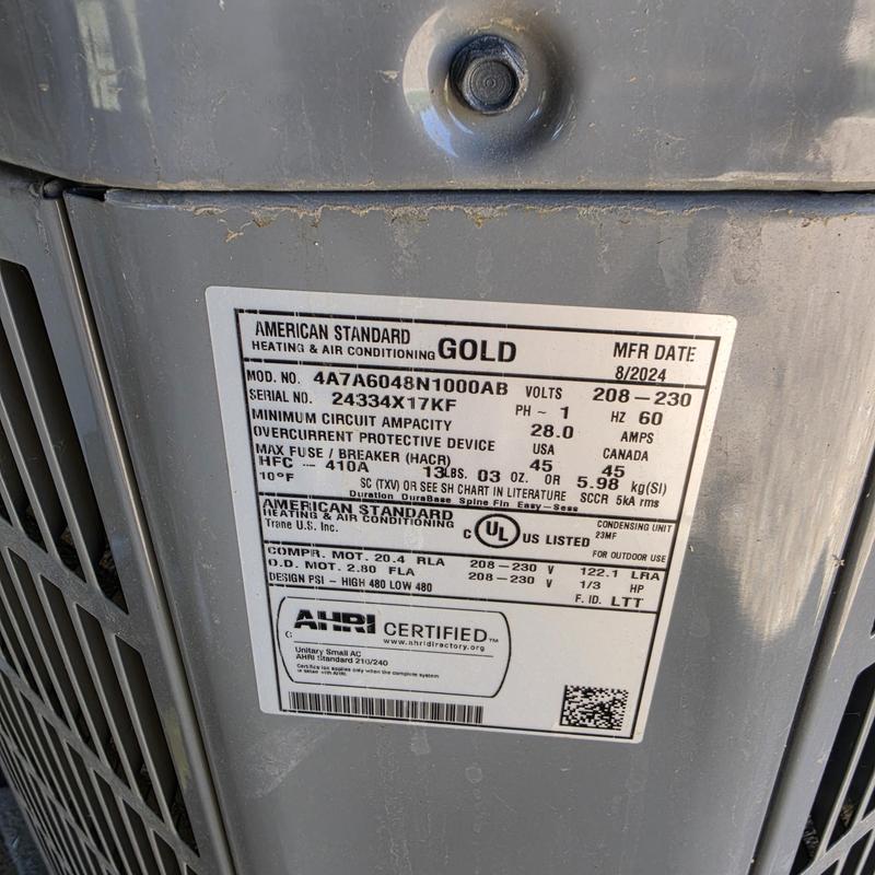 American Standard Gold AC unit label and specs