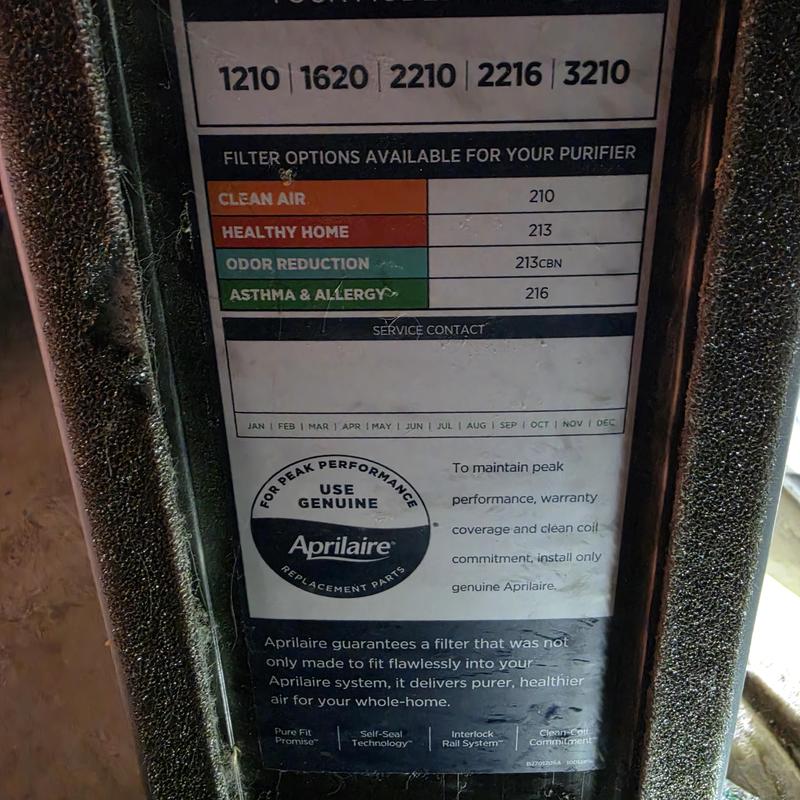 Aprilaire 1210 air filter options and warranty label