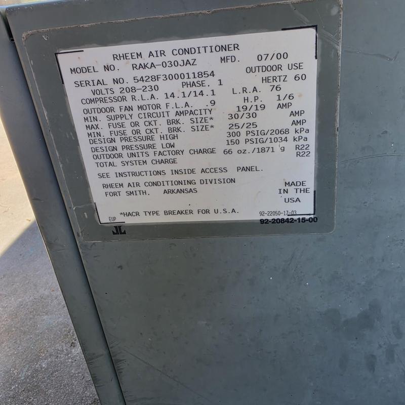 Rheem air conditioner model RAKA-030JAZ label
