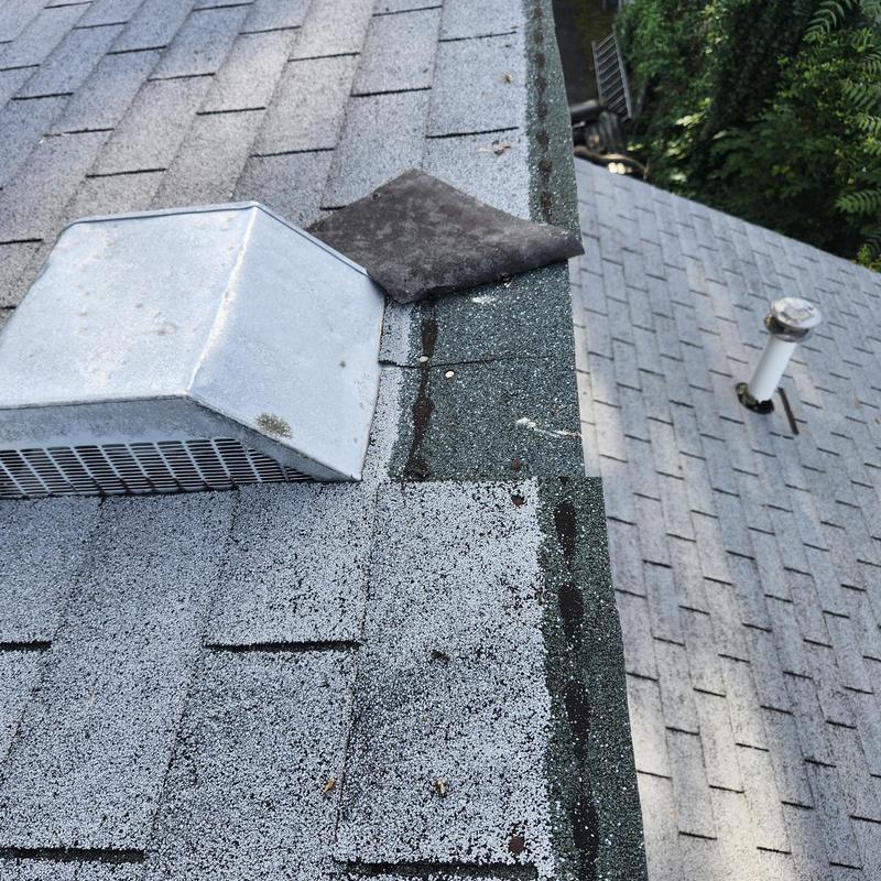 Asphalt shingles on flat roof near vent with water leak